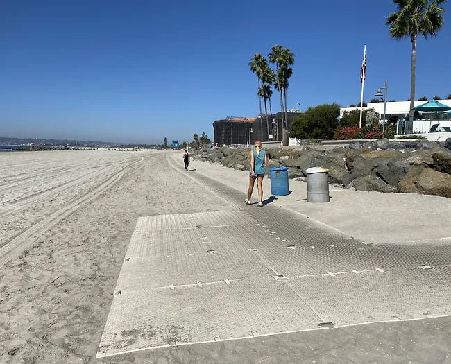 People Walking Down The Beach onAccessRec Accessdeck USA Ground Accessibility & Mobility Mat