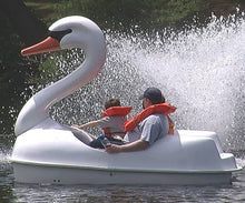 Load image into Gallery viewer, two adults and one kid having fun in the Adventure Glass Swan Classic 2 Person Paddle Boat