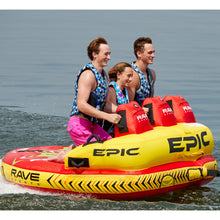 Load image into Gallery viewer, Rave #Epic 3P Towable Tube being towed with 3 people riding on it