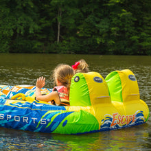 Load image into Gallery viewer, Rave Escape Pontoon 2P Towable Tube being towed with 2 kids riding on it
