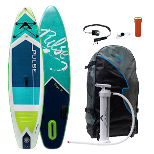 Pulse The Tropic 10 ft Inflatable Stand Up Paddleboard front and back side with  Leash, paddle, repair kit and carry bag