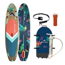 Load image into Gallery viewer, Pulse The Honey 10'6" Inflatable Stand Up Paddleboard front and back view with Leash, paddle, repair kit and carry bag