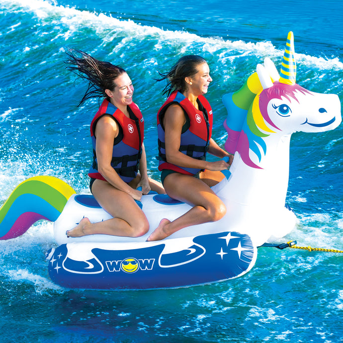 WOW Unicorn 2P Towable Tube being towed with 2 people riding it