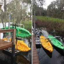 Load image into Gallery viewer, Kayak Dock Accessories - Seahorse Docking Floating Boarding Ladder with the seahorse docking kayak launch and stow attached to a fixed  dock