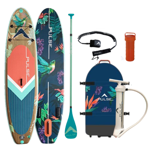 Pulse The Honey 10'6" Inflatable Stand Up Paddleboard front and back view with Leash, paddle, repair kit and carry bag and  Women's SUP Paddle