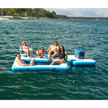Load image into Gallery viewer, A group of friends chilling on Solstice Watersports 10' X 8' X 8" Inflatable Rec Mesh Dock 38180