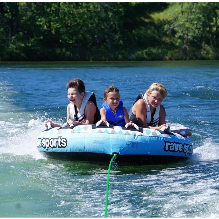 3 kids riding in Rave Sports X-Frantic 3 Rider Towable 02407