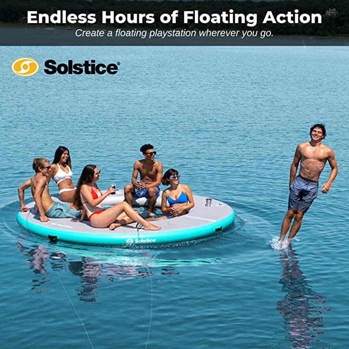 Platform - 6 people having fun on  the Solstice Watersports Inflatable 8' X 8' X 8" Circular Mesh Dock