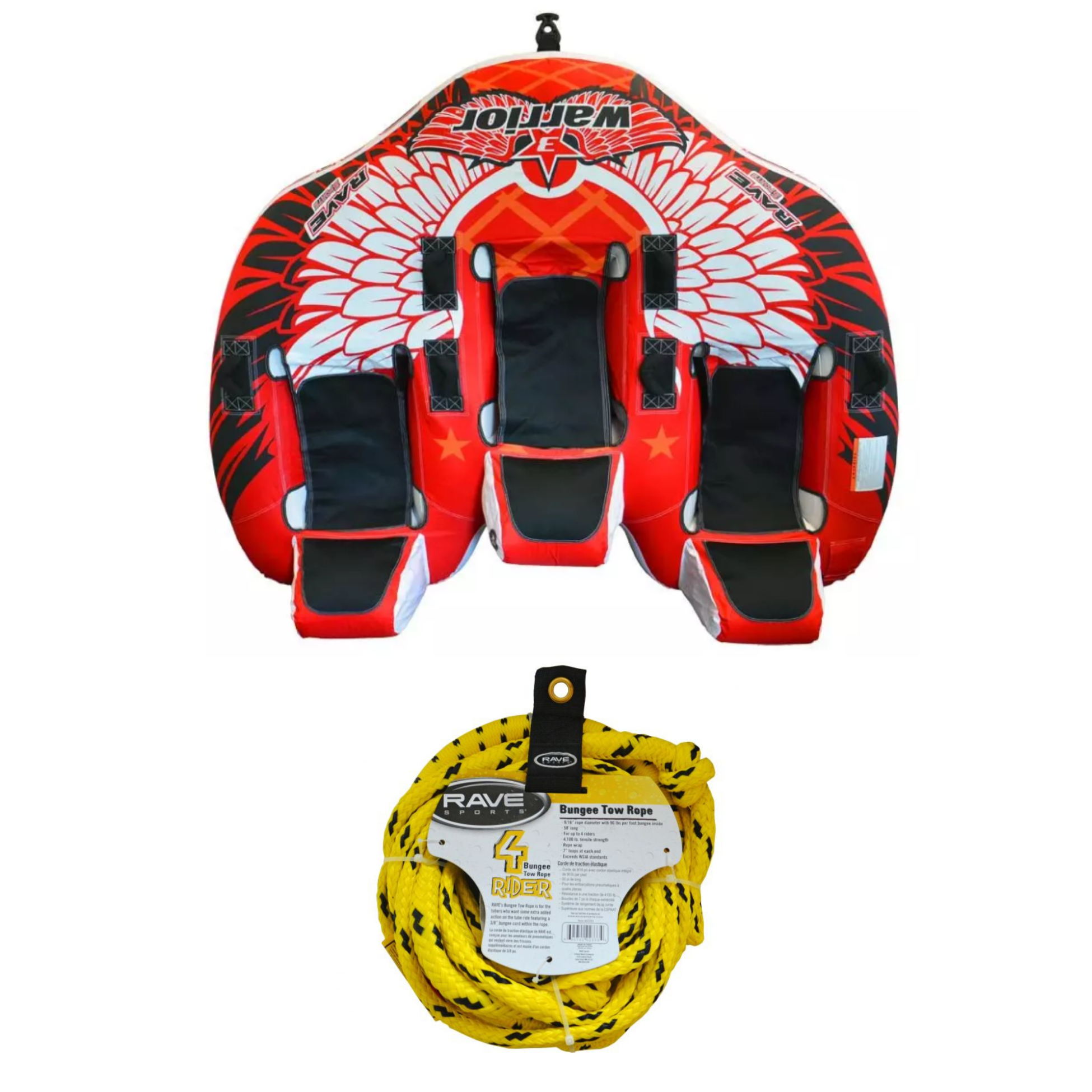 Rave Sports Warrior III - 3 Rider Towable 02379 with Bungee Tow Rope 02333