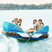 Load image into Gallery viewer, Rave Big Easy 4P Towable Tube being towed with 4 people riding on it