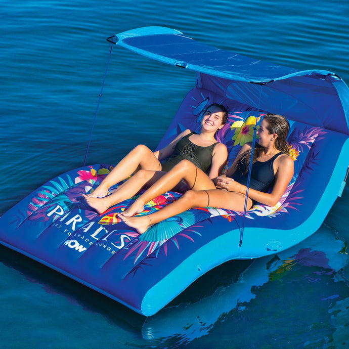WOW S-Shaped with Canopy Inflatable Platform floating in the water with 2 women on it