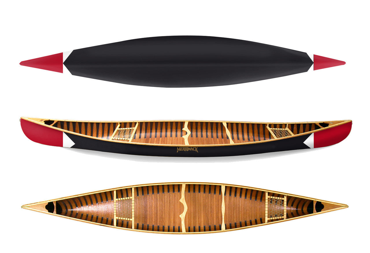 Merrimack Canoes Sanborn + Merrimack Pickwick Canoe back, side and top view