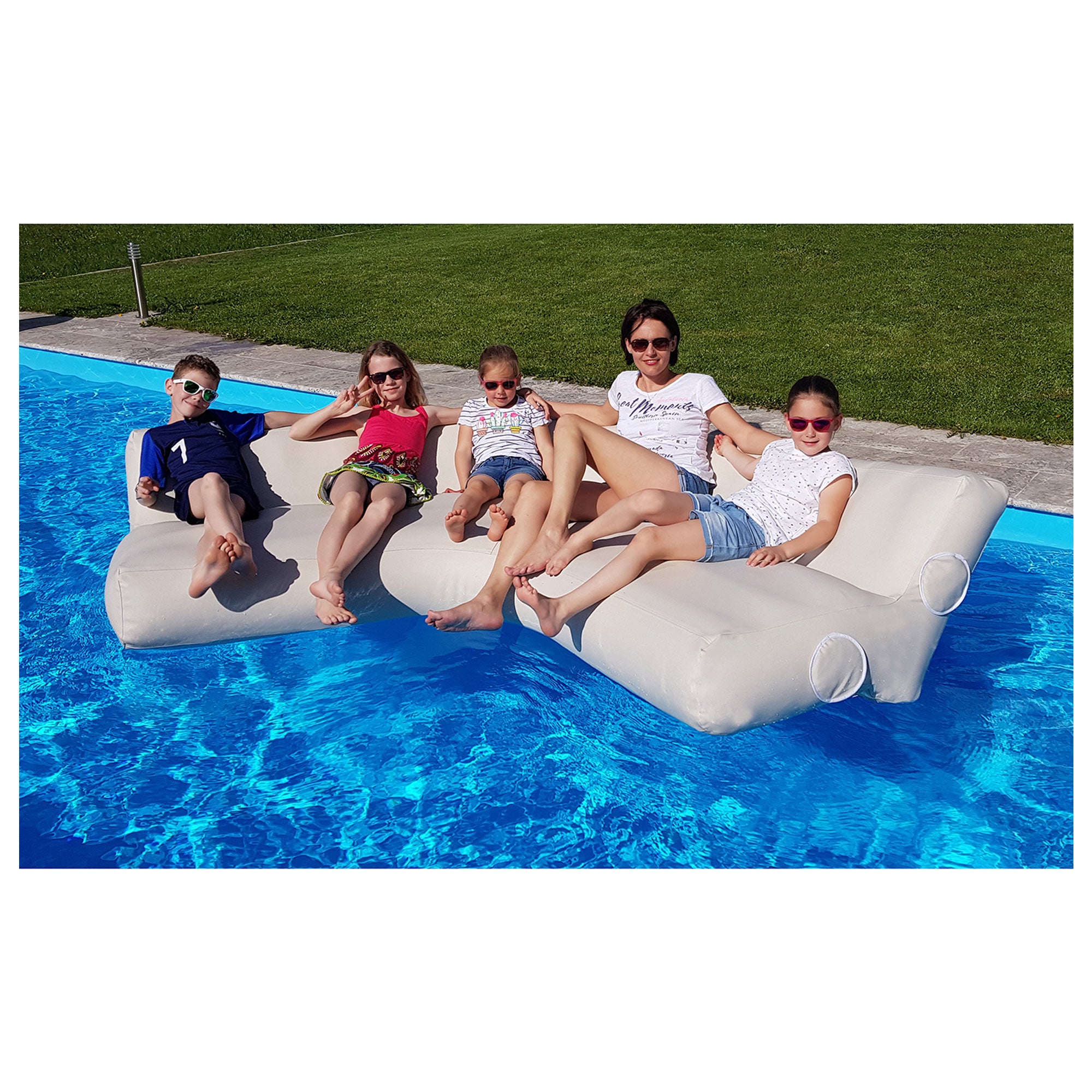 People sitting on the YachtBeach Air Sofa 5'x5'x2' in the pool