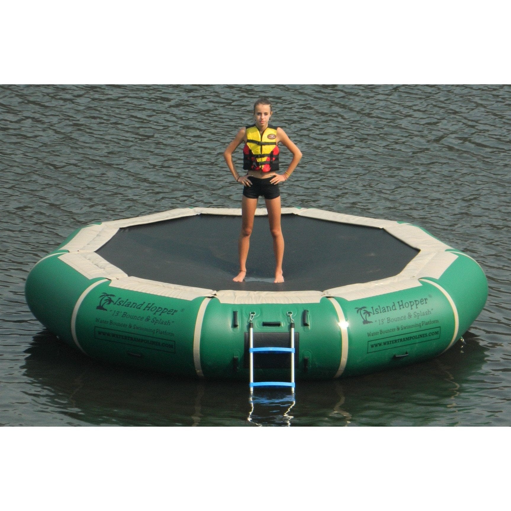 Water Bouncer - Island Hopper 13′ Bounce-N-Splash Padded Water Bouncer – Natural Green  13BNS-GR