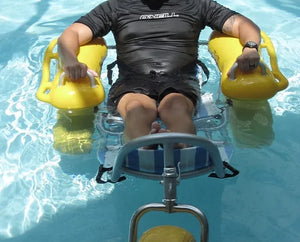 Person using a AccessRec WaterWheels Floating Beach Wheelchair  in a pool