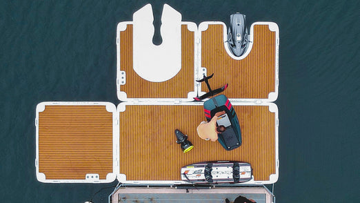 Yachtbeach Platform 6.16 Premium Teak 20'x6,7' connected to other platforms with sea scooters on top 