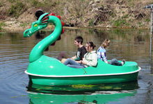 Load image into Gallery viewer, Three people riding the Adventure Glass Dragon Classic 4 Person Paddle Boat