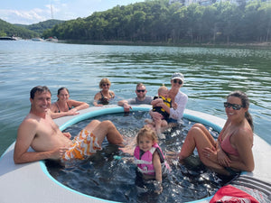 Paradise Pad 8' Round Splash Island Lake Pad with family having fun
