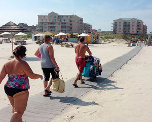 3 People Walking on a AccessRec Mr Boardwalk Beach Access Mat 