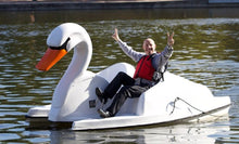 Load image into Gallery viewer, Man riding the Adventure Glass Swan Platform 2 Person Paddle Boat
