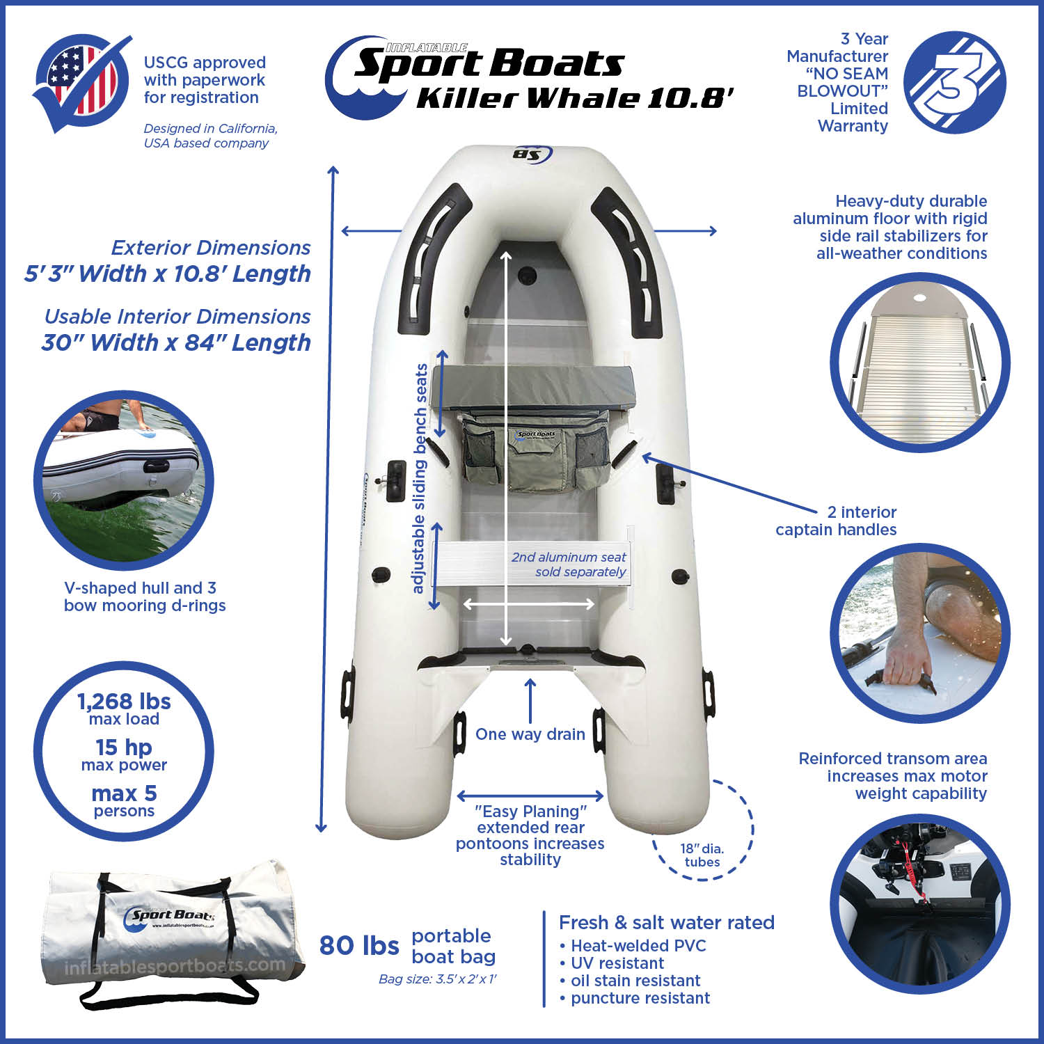 Inflatable Sport Boats Killer Whale 10.8′ Aluminum Floor