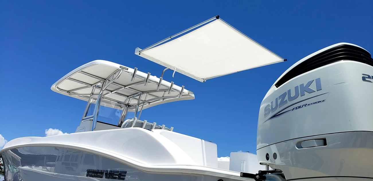 BocaShade Express Boat Shade white at the back of the boat