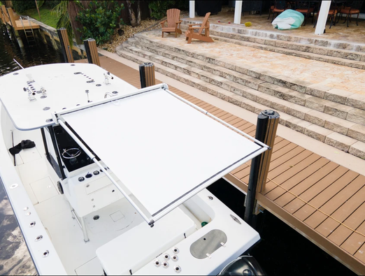 BocaShade Express Boat Shade connected to the roof of the boat