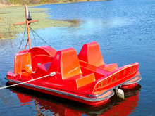 Load image into Gallery viewer, Adventure Glass Pirate Ship Platform Paddle Boat red at the lake