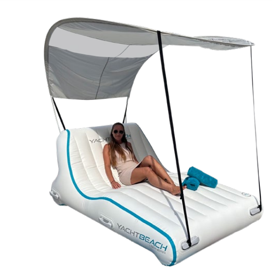 Woman sitting on the Yachtbeach Double Sunbed with a Yachtbeach Sun Roof with 2 Connectors attached