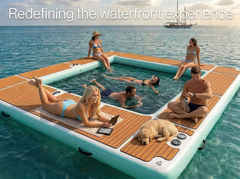 ParadisePad Floating Pool with 7 people and a Dog Enjoying A Sunny Day On The Water.