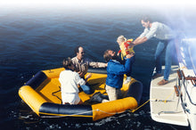 Load image into Gallery viewer, Four adults and one baby ready to board the Switlik MRP-10 Inflatable Marine Rescue Platform