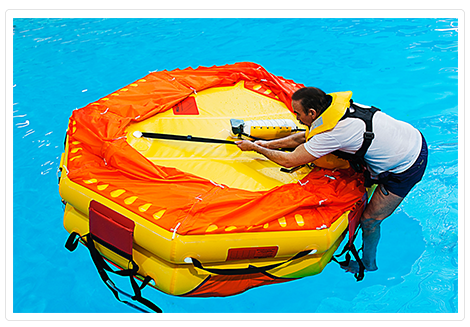 man trying to board on the Switlik OPR Offshore Passage Raft