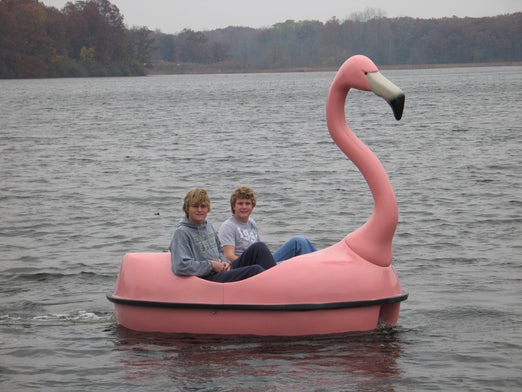 men riding the Adventure Glass Pink Flamingo Classic Paddle Boat