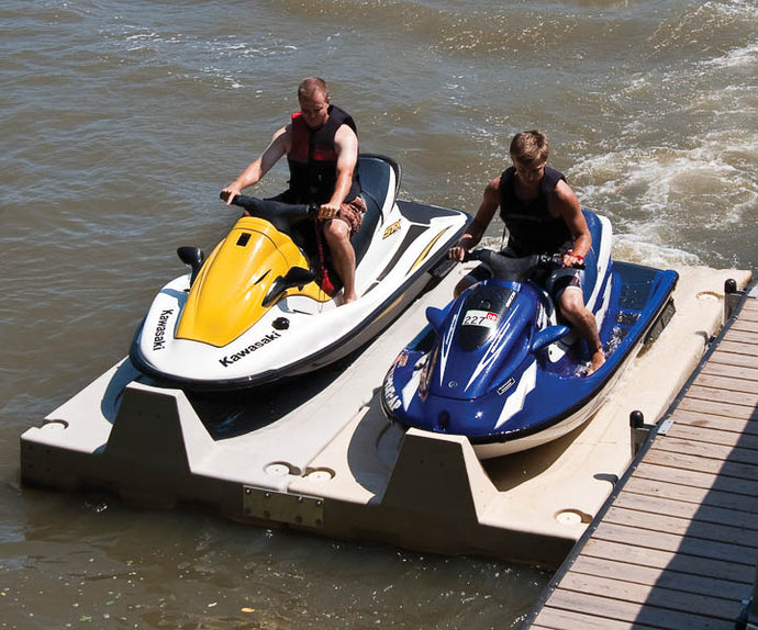 Two people with their Jet Skis on Connect-A-Dock Port PWC Fixed Docks - XL6
