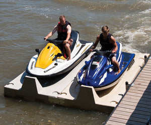 Men docking their jet skis on Connect-A-Port PWC Floating Dock XL6 Complete Kit