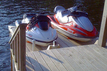 Load image into Gallery viewer, Connect-A-Port PWC Floating Dock XL6 Complete Kit attached side by side with jetski docked