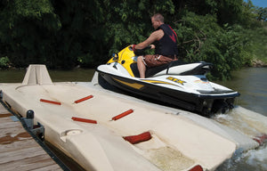 Man docking his jet ski on Connect-A-Port PWC Floating Dock XL5 Complete Kit