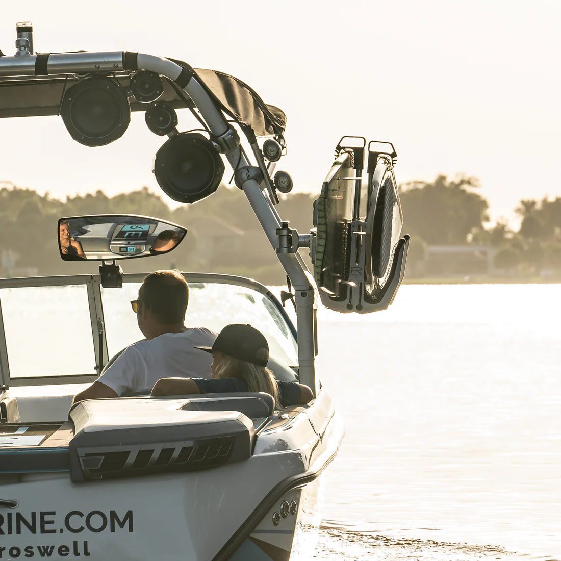 Roswell Triton II Strapless Board Rack with boards attached to a wake tower