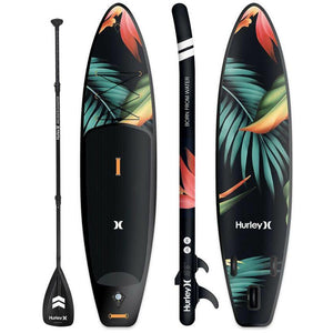 Stand Up Paddle Board - Hurley PhantomTour 10'6" Inflatable Stand Up Paddle Board  front, side and back view with a paddle