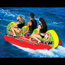 Load image into Gallery viewer, WOW Dragon Boat Towable Tube being towed with 3 people riding on it