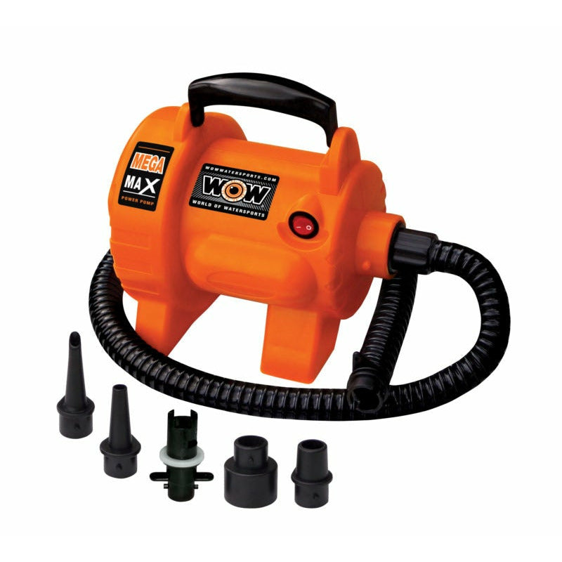 WOW Mega Max Pump 3.0 PSI Pump Front with 5 universal valve adapters and flexible accordion hose