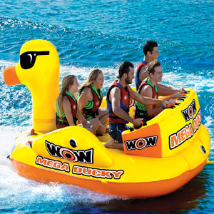 WOW Mega Ducky rigth side with 5 people riding on it facing at the back of WOW Mega Ducky
