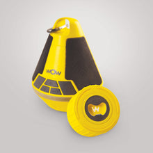 Load image into Gallery viewer, Yellow WOW SOUND Buoy front  and the detachable bottom cover showing the bottle opener feature