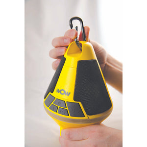 Yellow WOW SOUND Buoy front with the hand showing the carabiner