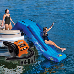 WOW Pontoon Waterfall Slide Inflatable Platform with a women slidding on it and 1 standing beside it with air max pump