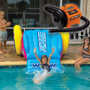 WOW Fun Slide Inflatable Platform with a girl slidding with  WOW Air Max Pump