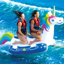 Load image into Gallery viewer, WOW Unicorn 2P Towable Tube being towed with 2 people riding it