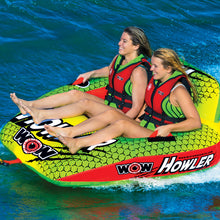 Load image into Gallery viewer, WOW Howler 2P Towable Tube being towed with 2 people riding it