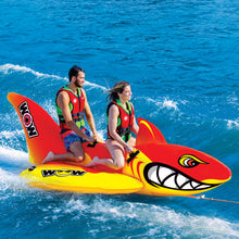 Load image into Gallery viewer, WOW Big Shark 2P Towable Tube being towed with 2 people riding it
