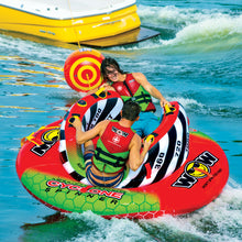Load image into Gallery viewer, WOW Cyclone 2P Towable Tube being towed with 2 people riding it